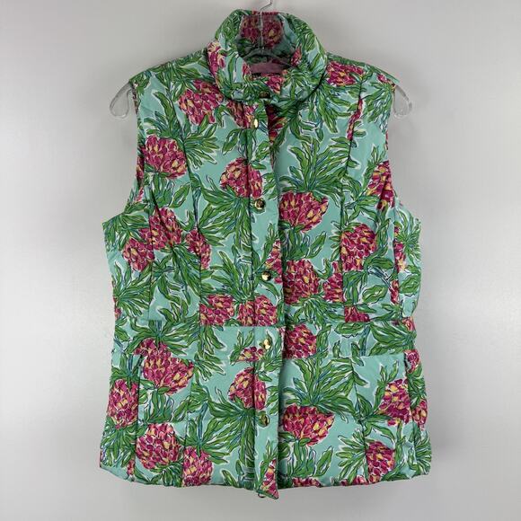 Lilly Pulitzer Down Puffer Vest Quilted Pockets Womens Size M Pineapple Green - Picture 1 of 12